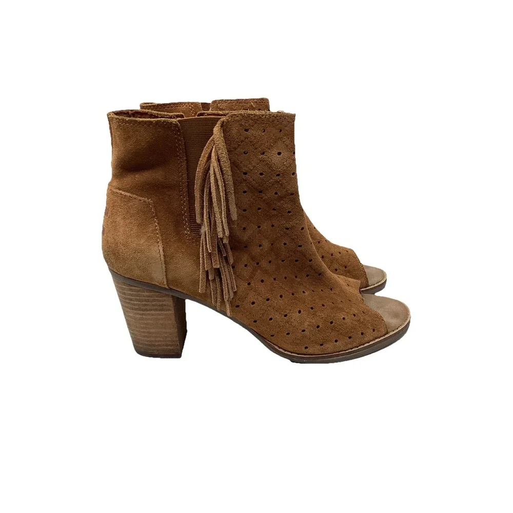 TOMS Majorca Cinnamon Brown Open Peep Toe Fringe Booties 3
